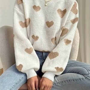 Cozy Heart Pattern Sweater - Cream and Tan